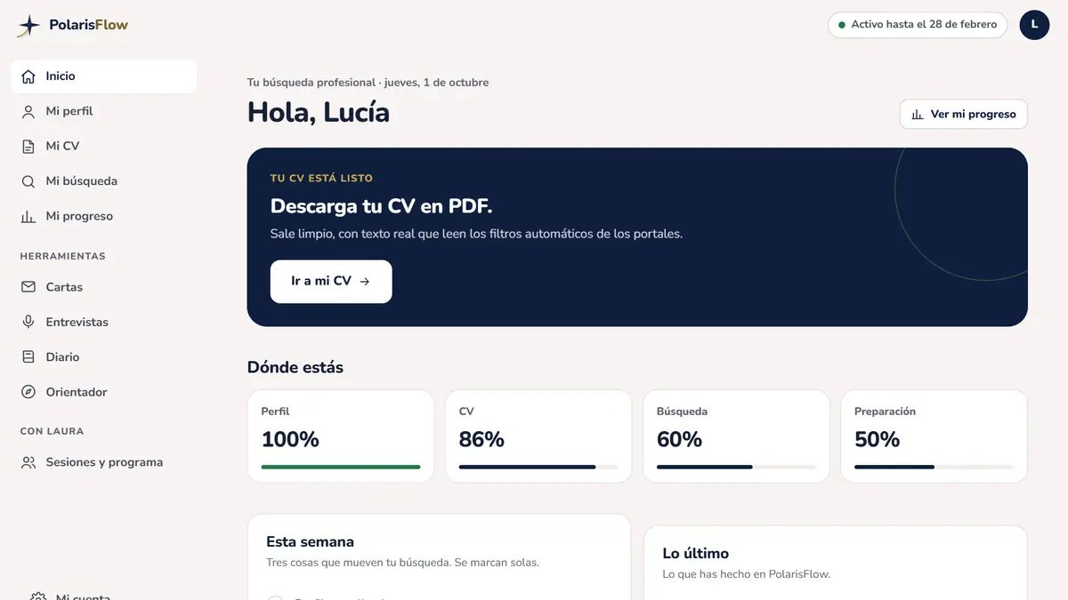 PolarisFlow, diario de búsqueda de empleo: inicio con el siguiente paso y el progreso