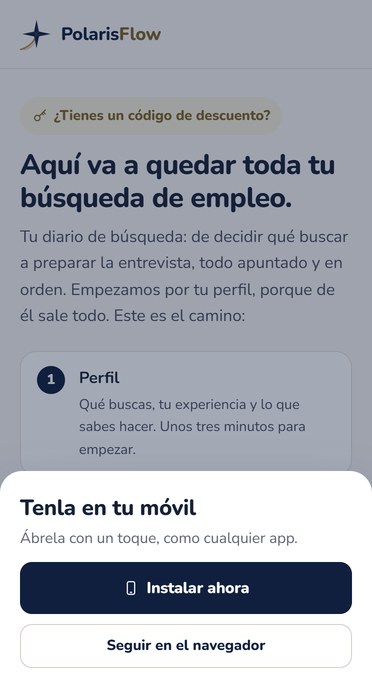 Hoja de PolarisFlow para ponerla en el móvil: Instalar ahora o Seguir en el navegador