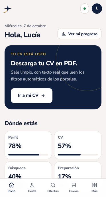 Inicio de PolarisFlow con el siguiente paso destacado y el avance del perfil y del CV