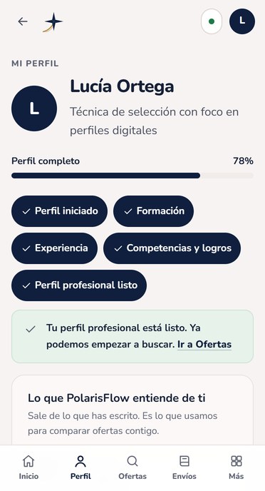 Mi perfil en PolarisFlow con las secciones completadas
