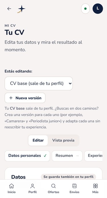 Mi CV en PolarisFlow: selector de versiones y botón Nueva versión