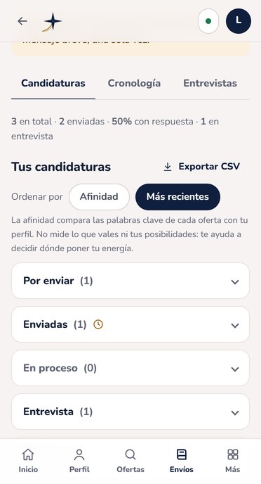 Tus candidaturas en PolarisFlow, agrupadas por estado, con un seguimiento pendiente