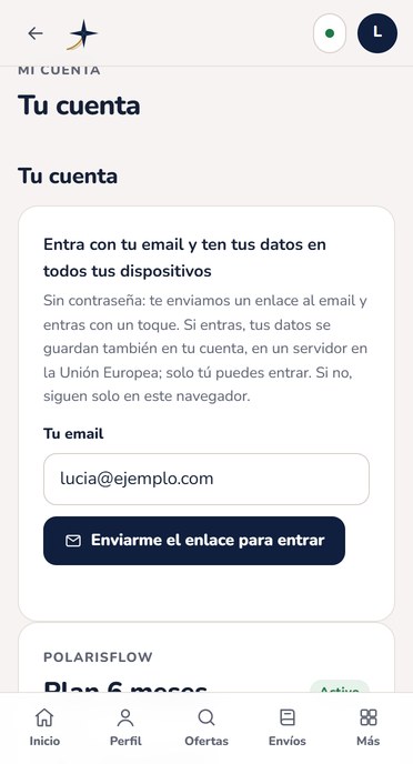 Mi cuenta en PolarisFlow: entrar con tu email para tener tus datos en todos tus dispositivos
