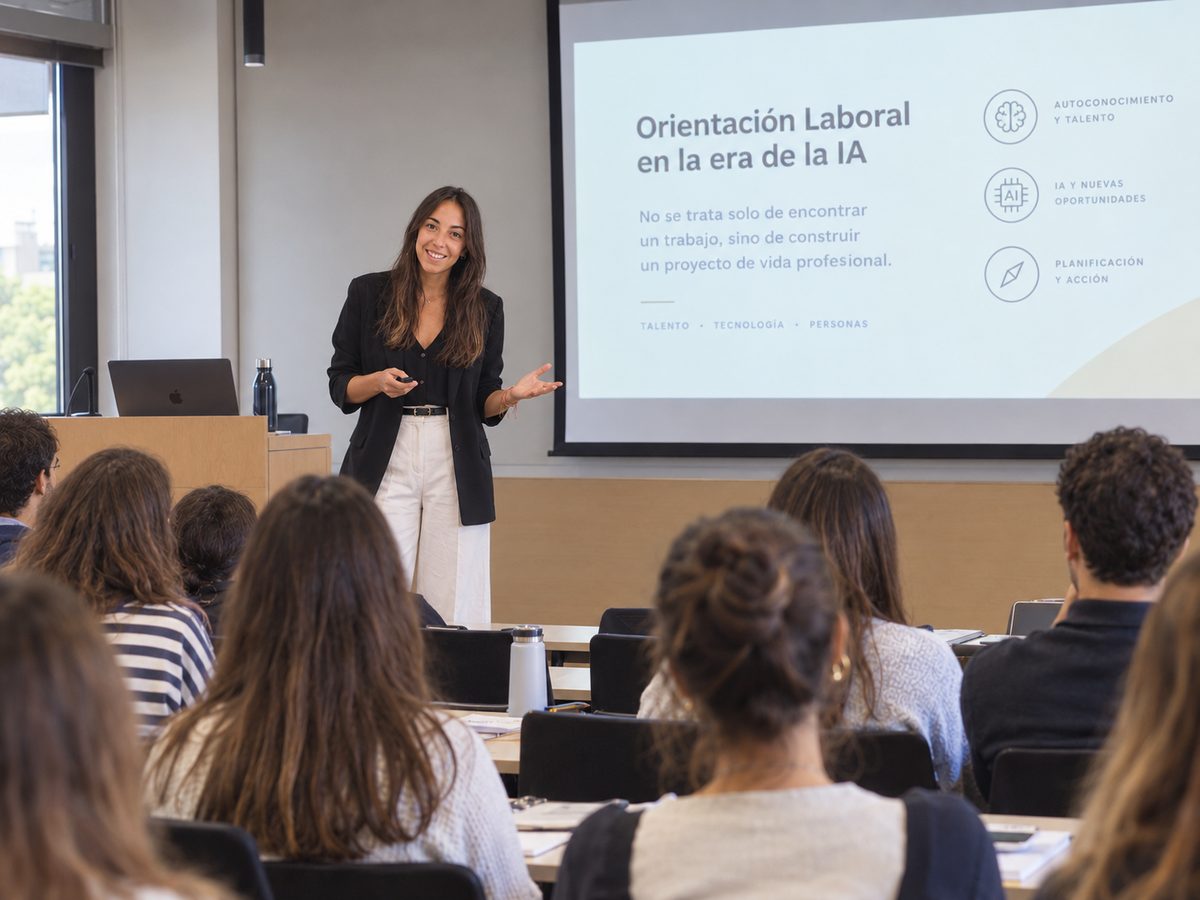 Laura Molina dando una charla de orientación laboral en la universidad