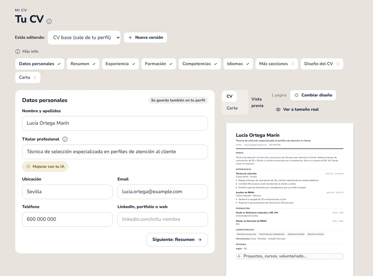 Editor de currículum: tocas una parte y la cambias, con la vista previa al lado