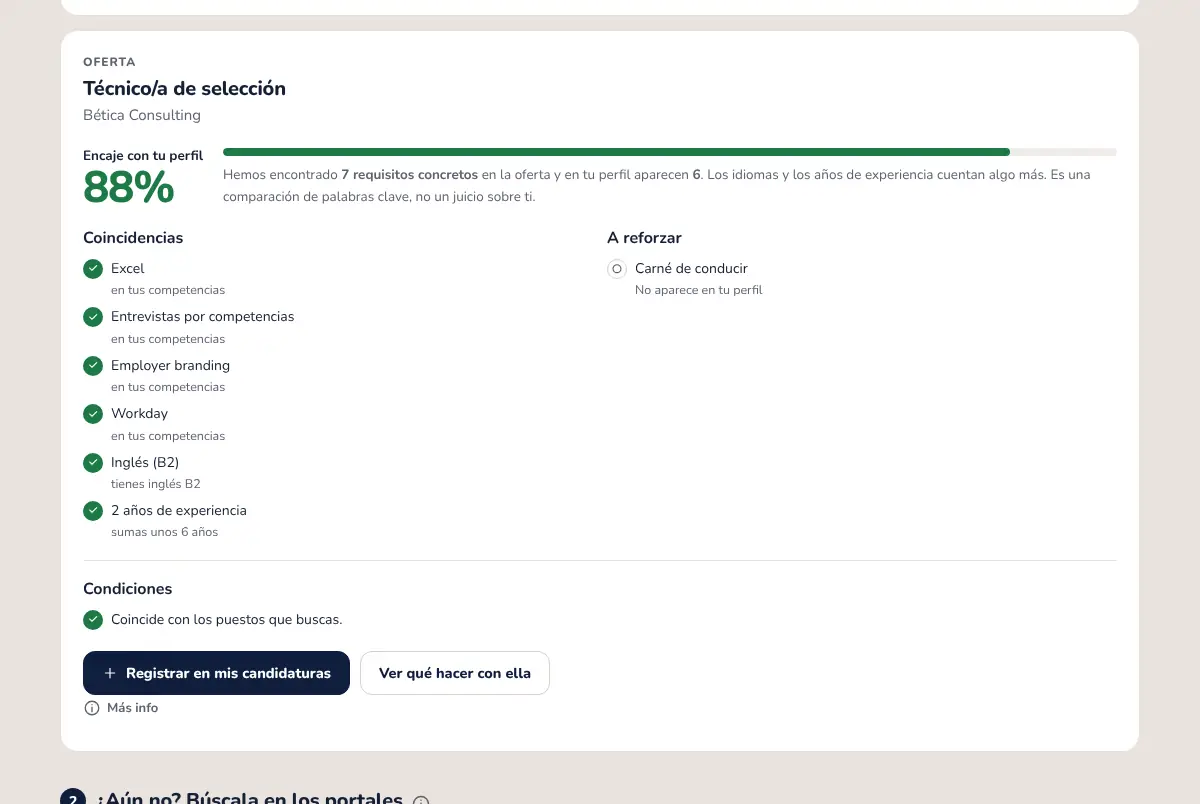 PolarisFlow: afinidad con una oferta, requisito a requisito, con lo que cubres y lo que te falta